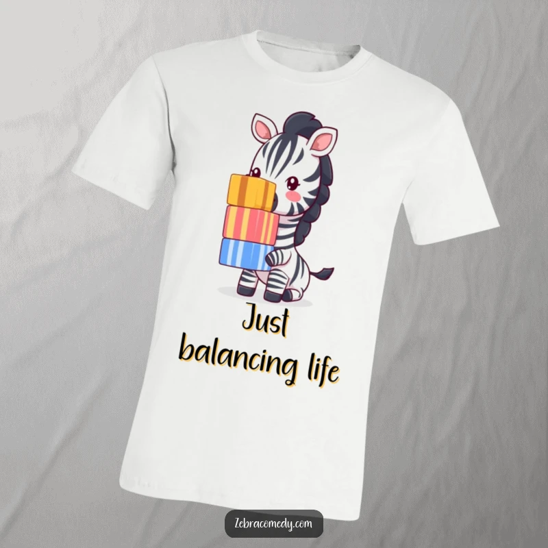 Funny Zebra T-Shirt: A comical zebra masterfully balances a precarious tower of colorful striped blocks on the tip of its nose, looking quite pleased.