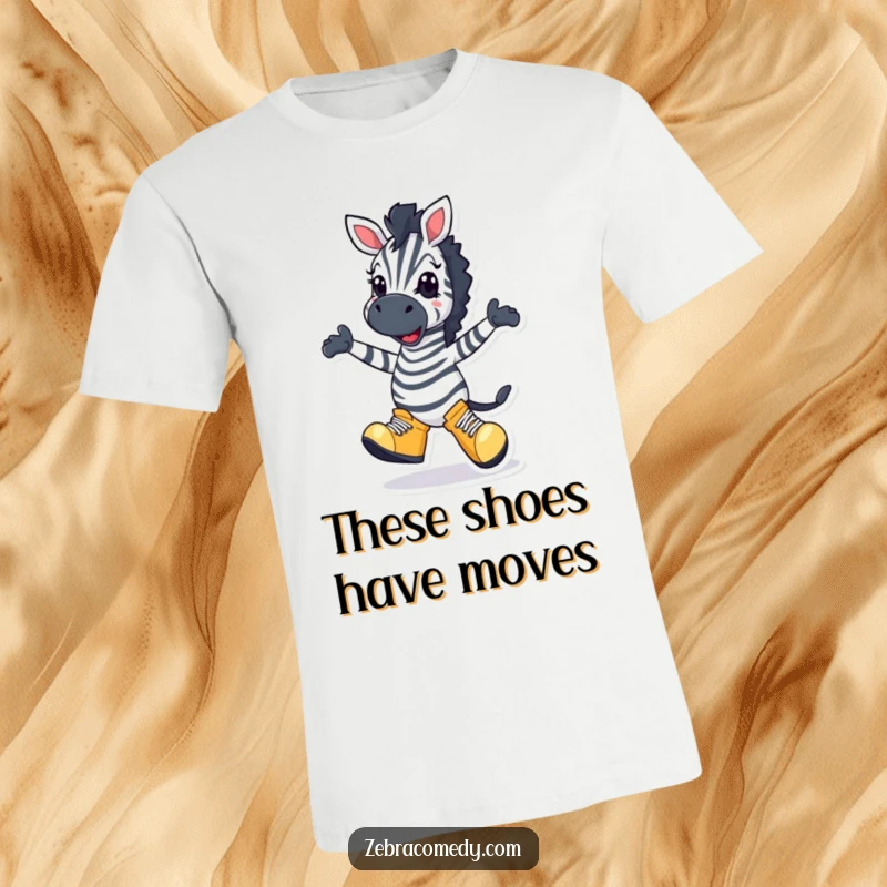Funny Zebra T-Shirt: A happy zebra in big shoes doing a silly dance with a wide grin, radiating pure comical delight.