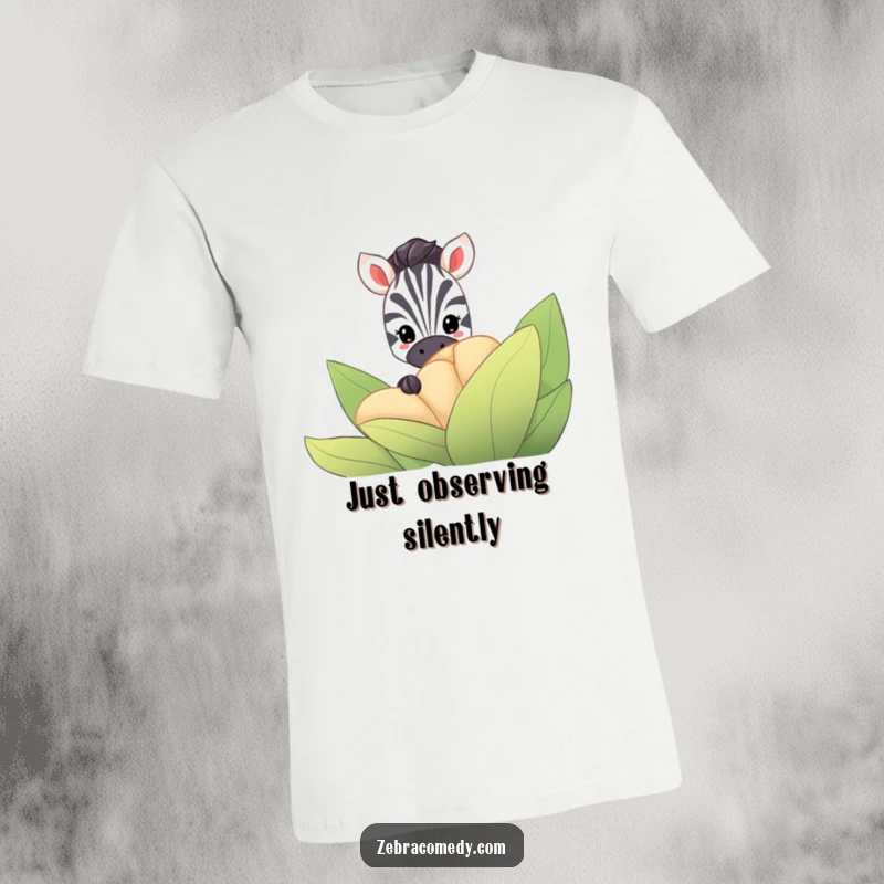 Funny Zebra T-Shirt: A playful zebra hides behind a large, striped flower, only its curious eyes visible, hinting at hidden mischief.