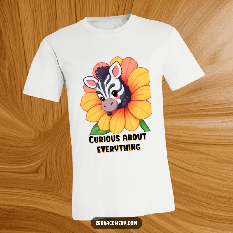 Funny t-shirt showcasing a curious zebra character peeking from behind a large, vibrant flower, radiating playful wonder.