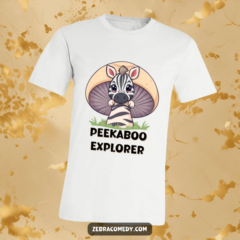 Funny zebra with wide, curious eyes peeking over a large striped mushroom, an intriguing and amusing t-shirt.