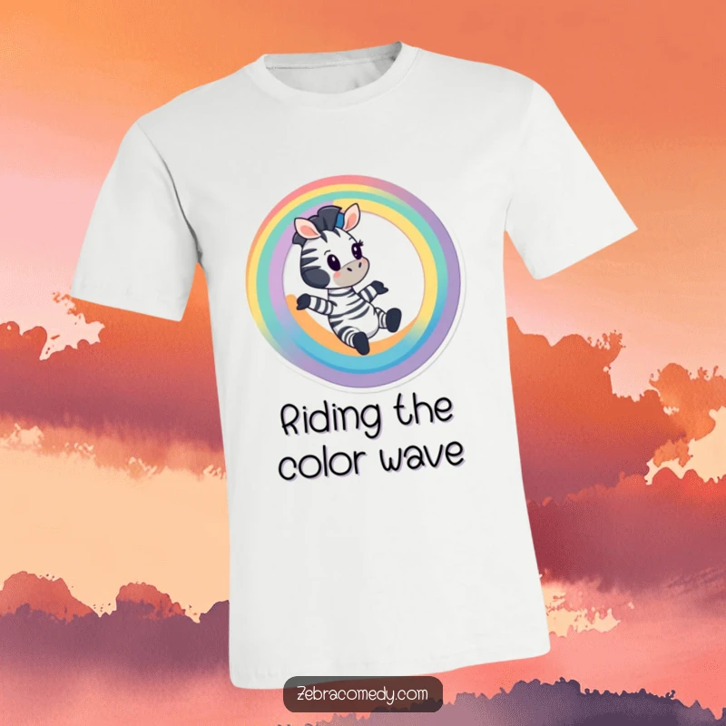 Funny Zebra T-Shirt: A cartoony zebra gleefully sliding down a vivid rainbow, full of fun, gift idea.