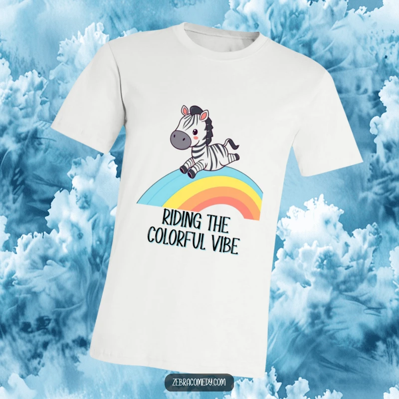 Funny Zebra T-Shirt: A zebra sliding down a rainbow with a huge grin, a humorous and colorful design.