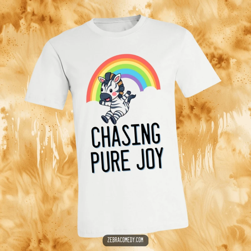 Funny Zebra T-Shirt: A happy zebra slides down a colorful rainbow, arms outstretched, with a joyful shout, capturing peak excitement.