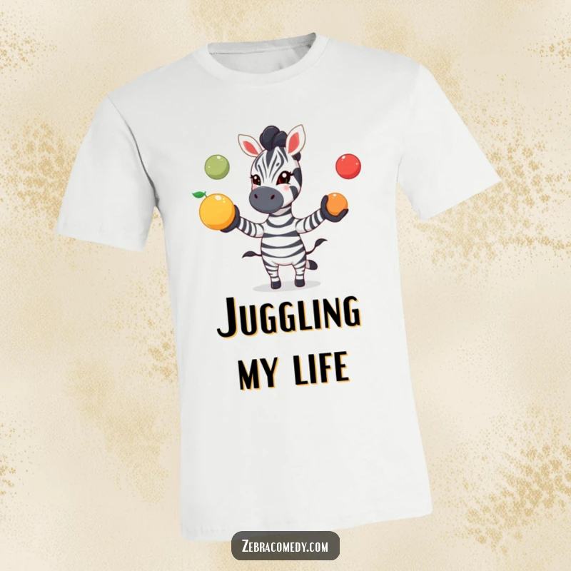 Funny zebra t-shirt depicting a zebra playfully juggling three brightly colored fruits with excitement, showcasing dynamic and fun action.