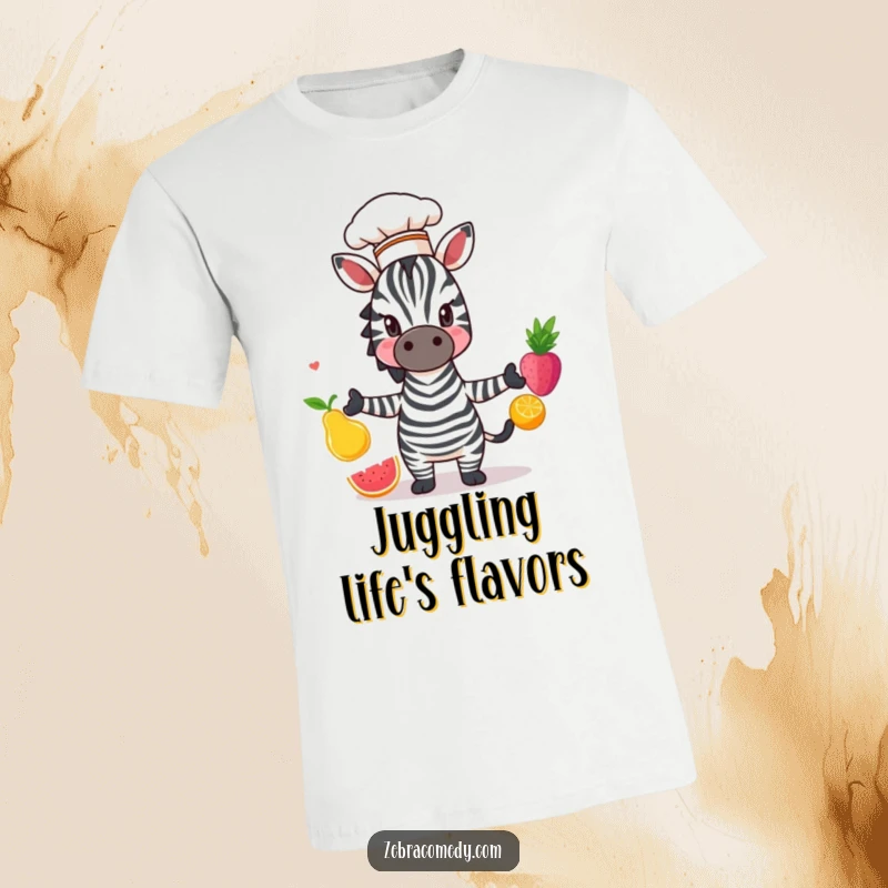 Funny Zebra T-Shirt: A zebra in a chef hat juggling colorful fruits, radiating skill and comical charm, perfect for food lovers.