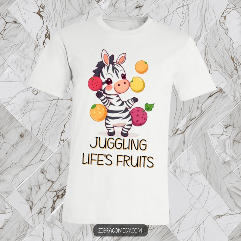 Funny zebra character having a blast juggling colorful fruits, a high-energy and amusing t-shirt for all.