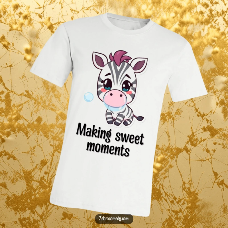 Funny t-shirt showcasing a cheerful zebra character blowing a large bubble, radiating happiness and playful charm.