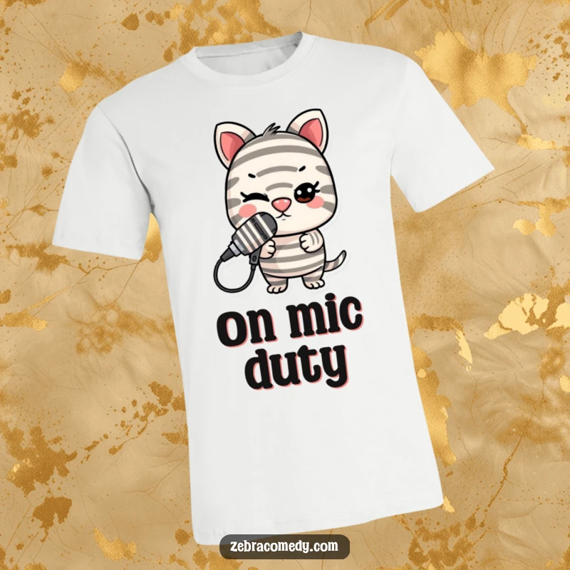 Funny Striped Microphone T-Shirt: A mischievous striped character winks and balances a microphone perfectly on its nose.