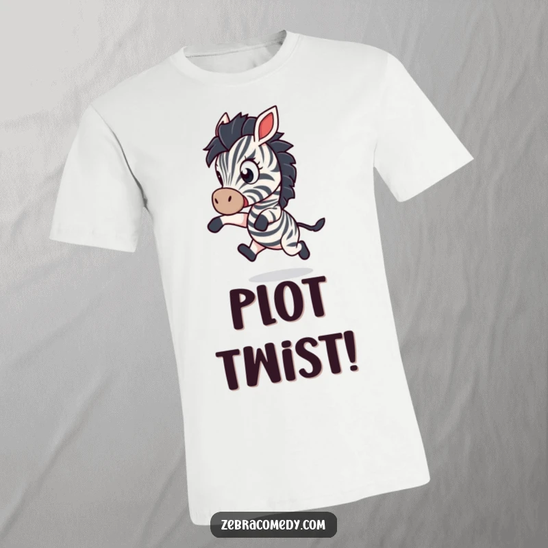 Funny T-Shirt: A zebra character dramatically leaps backward, eyes wide with humorous, playful shock, perfect for expressing surprise.