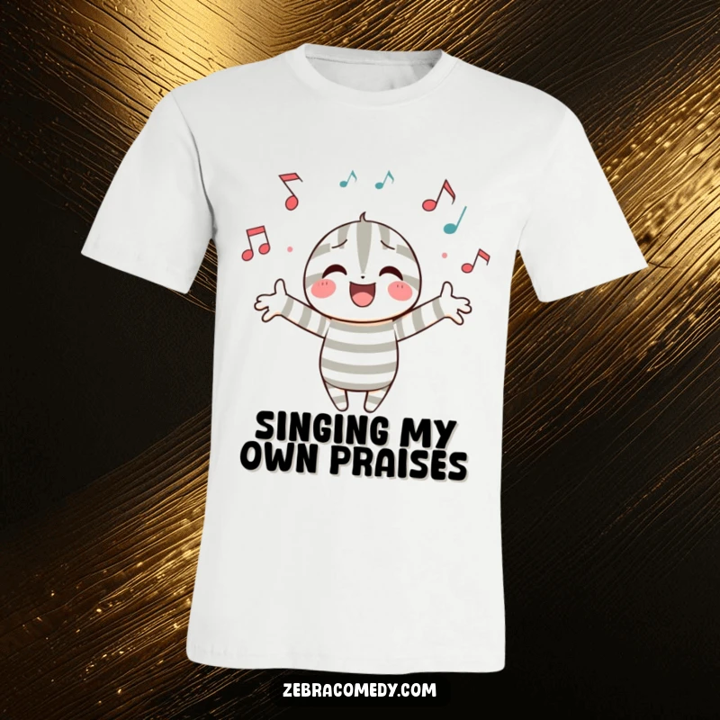 Funny t-shirt featuring a happy striped character with arms outstretched, enveloped by whimsical musical notes, celebrating the joy of song.