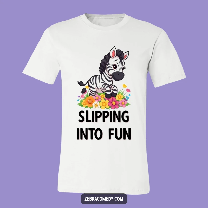 Funny Zebra Slipping Flowers T-Shirt - Comical Cartoon Animal Tee