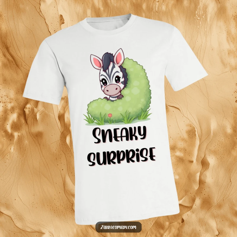 Funny playful zebra t-shirt showing a cute zebra peeking from behind a large bush, perfect for adding humor and mischief.