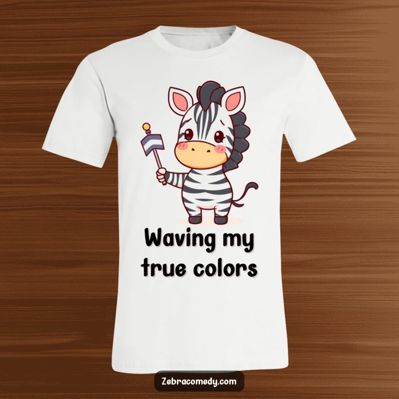 Funny Zebra T-Shirt: A happy zebra waves a striped flag with great enthusiasm, a design bursting with cheerful energy.