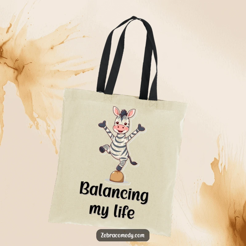 Funny Zebra Tote Bag: A tote featuring a zebra balancing on a single hoove, arms spread wide in a pose of pure delight.