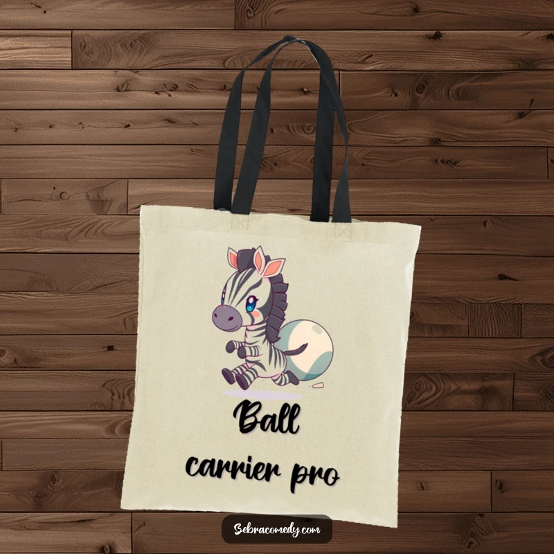Funny Tote Bag featuring a zebra character with excited, twinkling eyes, chasing after a large, bouncing ball, a fun accessory.