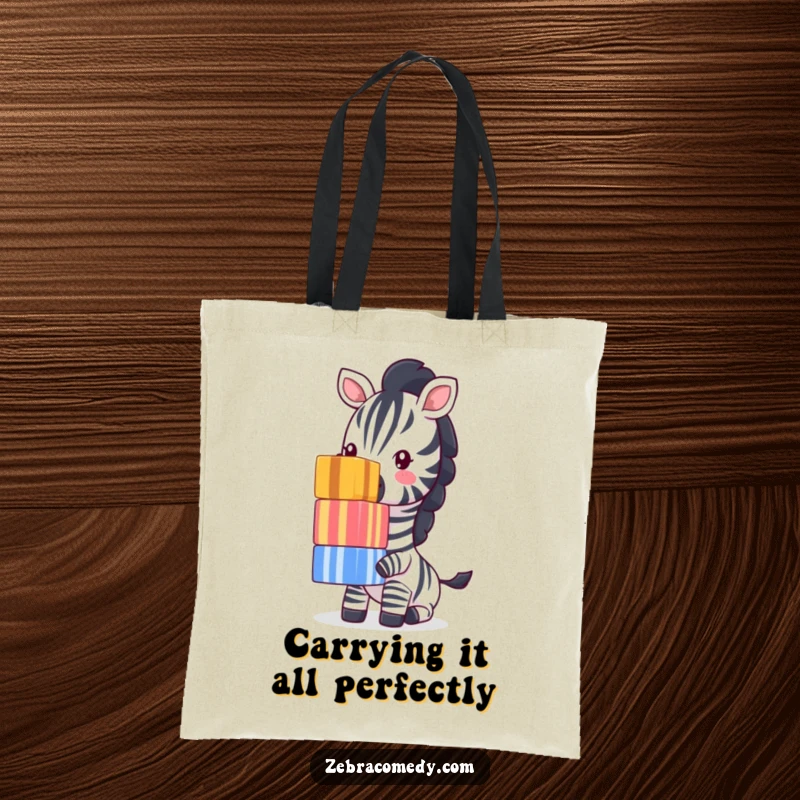 Funny Zebra Tote Bag: A charming zebra balances a tall stack of colorful, striped cubes on its nose, ready to carry your belongings with comedic flair.