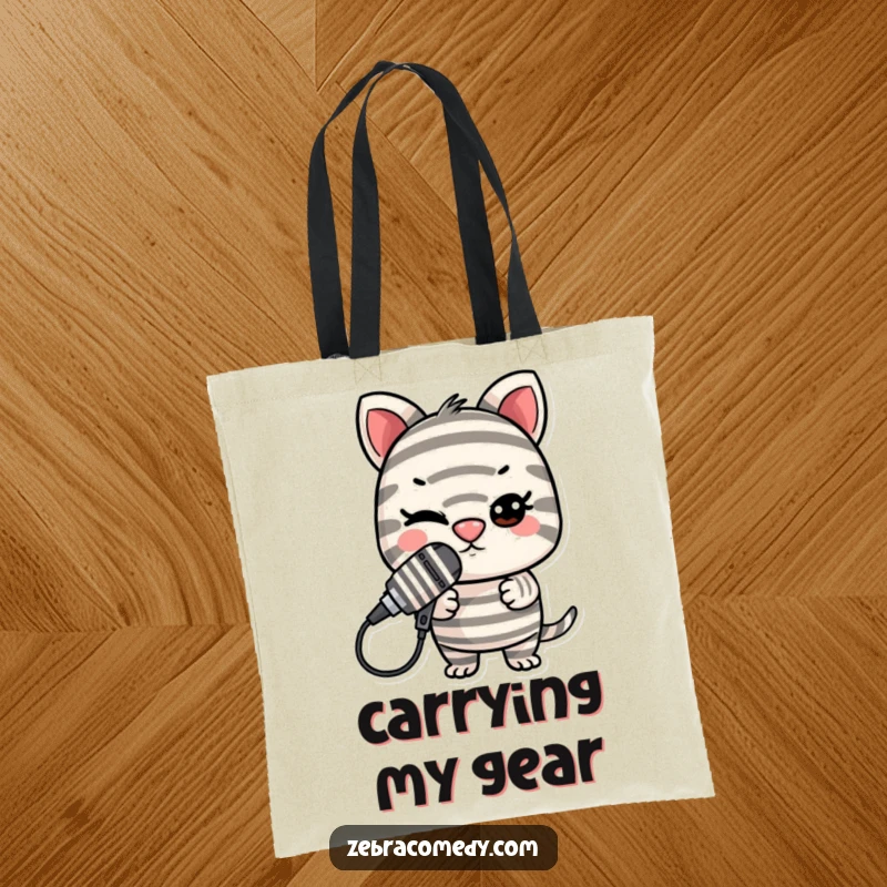 Funny Striped Microphone Tote Bag: A striped character balances a microphone on its nose with a playful, mischievous wink.