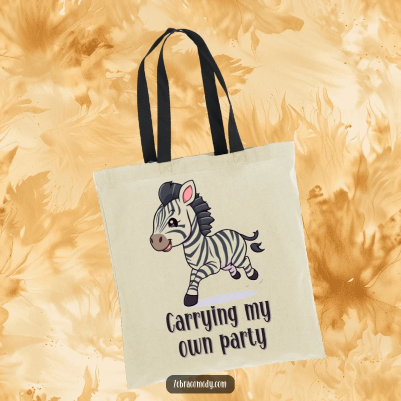 Funny zebra cub tote bag, galloping with streamers, a vibrant and humorous accessory for carrying essentials.