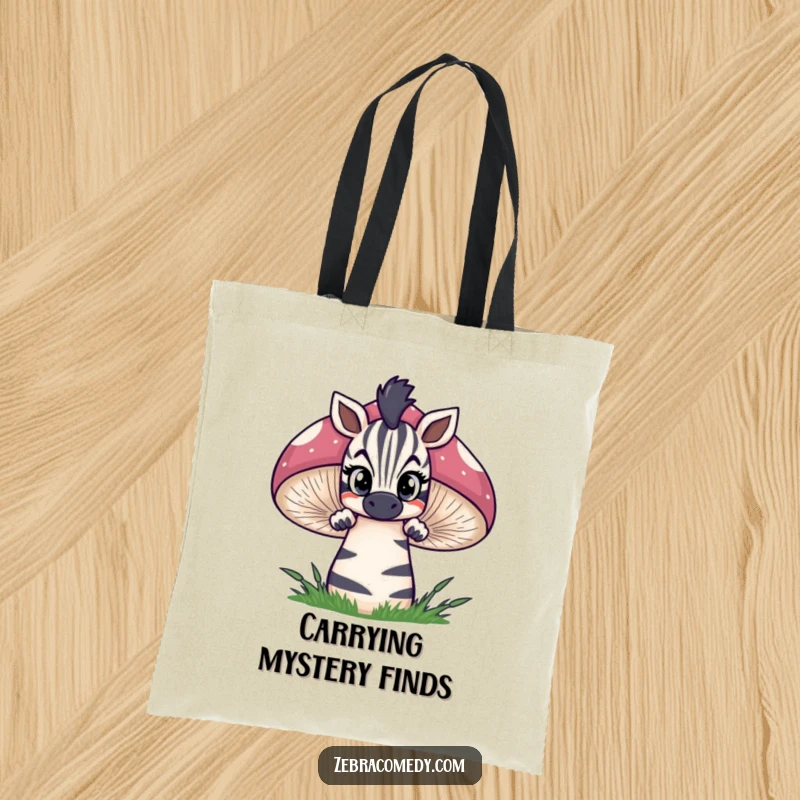 Funny zebra tote bag depicting a curious zebra peeking over a giant striped mushroom with wide eyes, perfect for carrying essentials with whimsy.