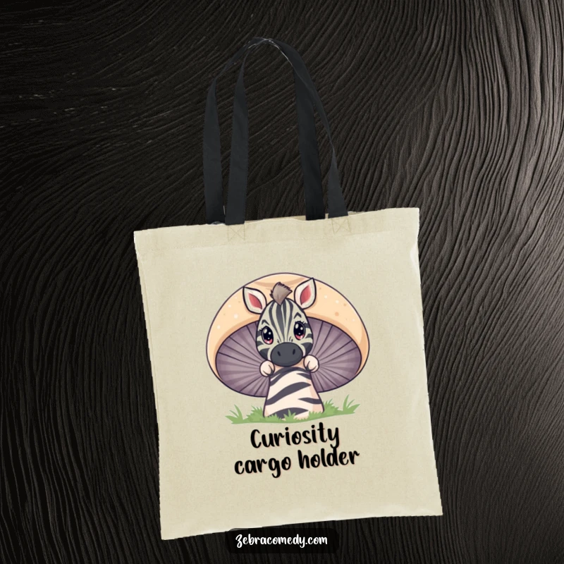 Funny zebra character curiously peeking over a giant striped mushroom, a practical and amusing tote bag.