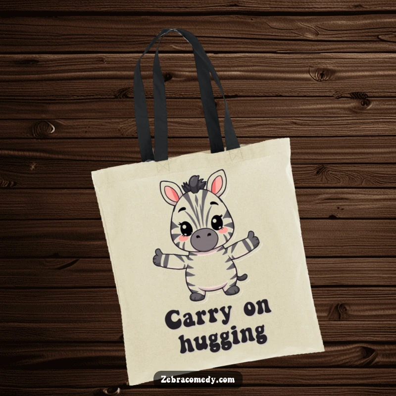 Funny hugging zebra tote bag, a fuzzy zebra with open arms, perfect for carrying essentials with a touch of playful affection.