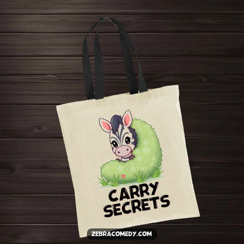 Funny peeking zebra tote bag, a playful zebra peeking from behind a bush, perfect for carrying essentials with a hint of mystery.