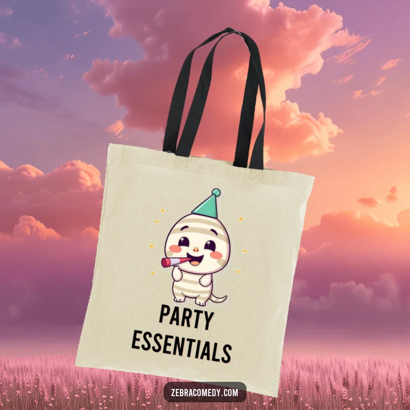 Funny Striped Party Tote Bag: A smiling striped character wears a party hat and blows a noisemaker, ready for any festive occasion.