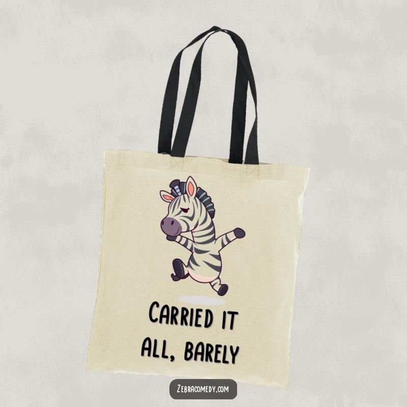 Funny zebra character in a mid-air surprise pose after tripping, illustrated on a durable tote bag.