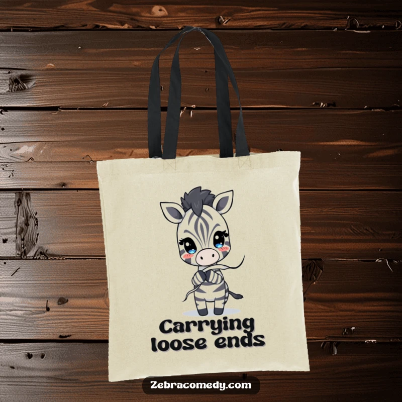 Funny Tote Bag showcasing a zebra character playfully pulling on a loose stripe that is unraveling, a quirky and humorous carryall.