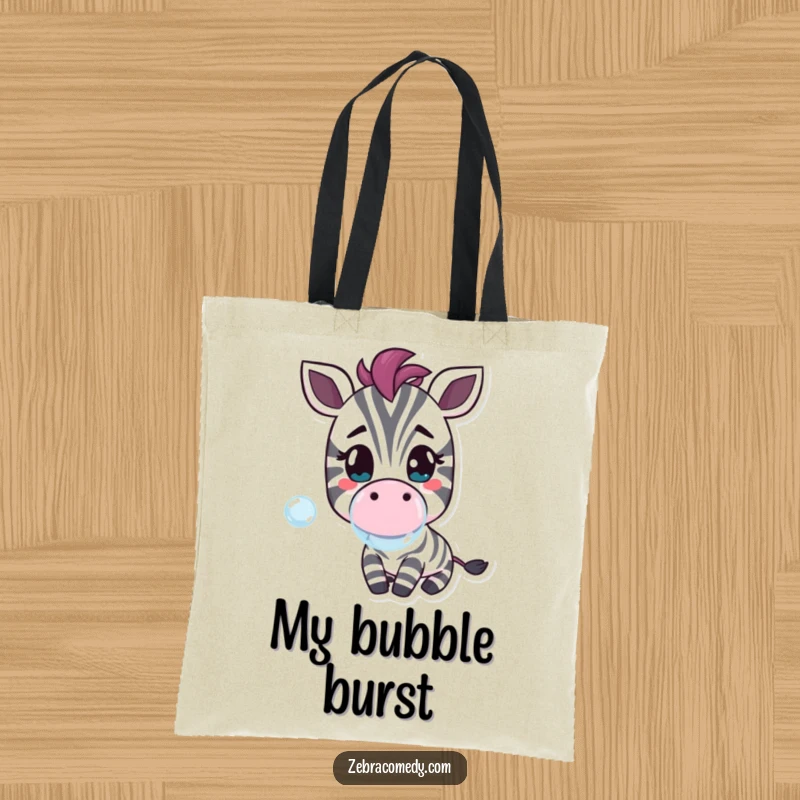 Funny tote bag featuring a cheerful zebra character blowing a bubble, perfect for carrying items with sweet, playful joy.