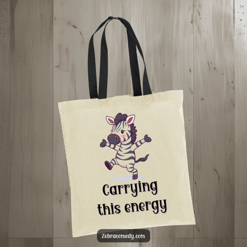 Funny zebra character in full dance mode, limbs akimbo, featured on a sturdy tote bag for a humorous carry.