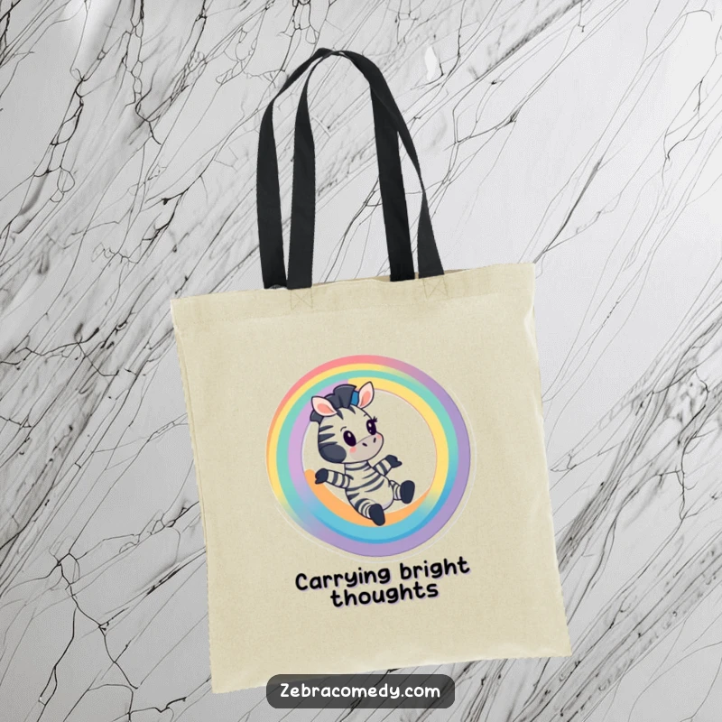 Funny Zebra Tote Bag: A cartoon zebra sliding down a rainbow, carrying fun and color, perfect gift.