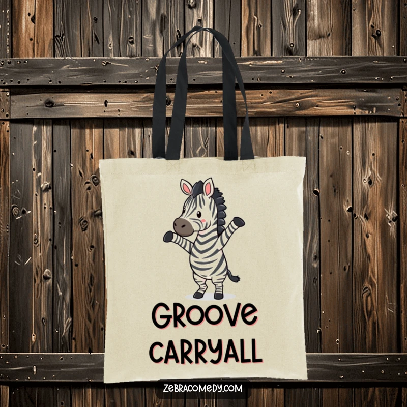 Funny zebra character in a goofy dance pose with legs raised, a practical and amusing tote bag.