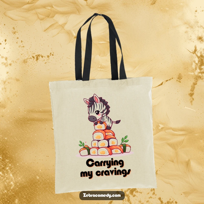 Funny Giddy Zebra Sushi Tote Bag: A dizzy zebra attempting to balance on a teetering, tall stack of delicious sushi.