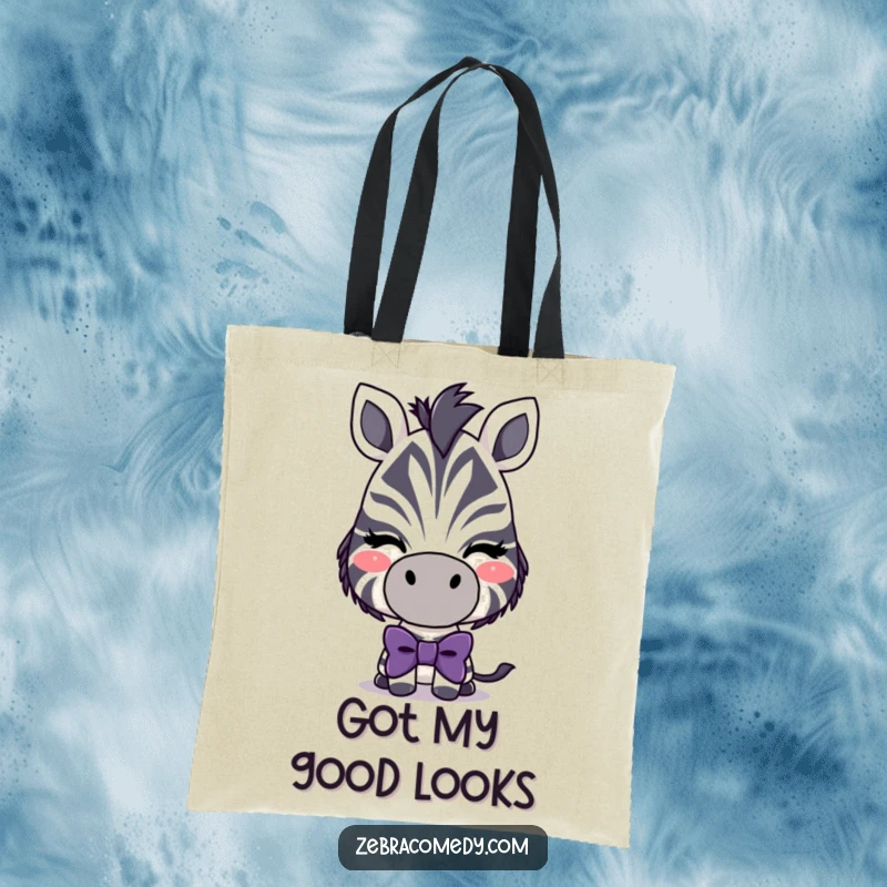 Funny Playful Zebra Tote Bag: A stylish zebra wearing a large, silly bowtie and winking with charm.