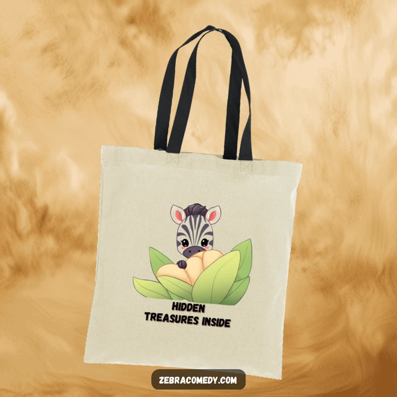 Funny Zebra Tote Bag: A shy zebra peeks from behind a large, striped flower, its eyes conveying curiosity and playful secrecy.