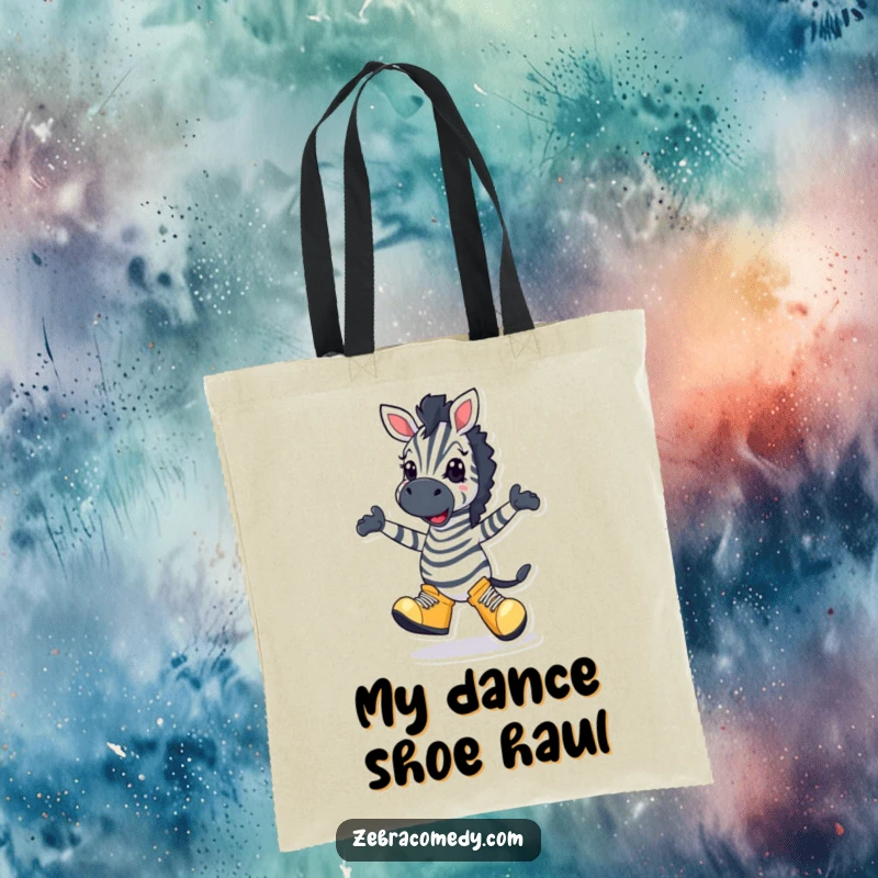Funny Zebra Tote Bag: A cheerful zebra character in oversized shoes performing a silly dance with a wide grin, great for carrying essentials.