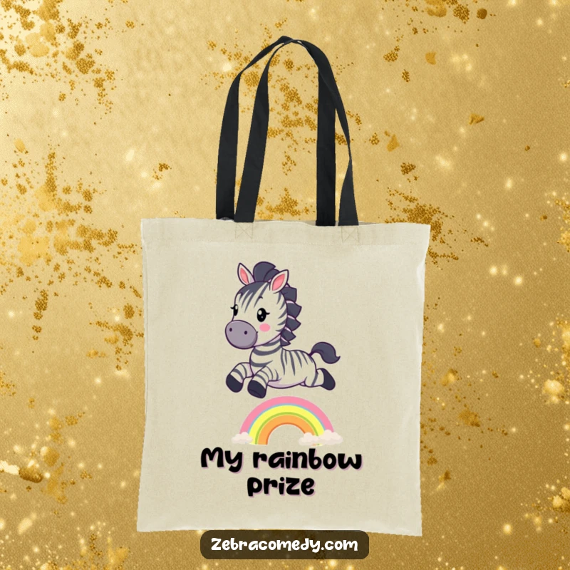 Funny Zebra Tote Bag: A cheerful zebra character leaping over a small rainbow, adding a touch of whimsy to your travels.