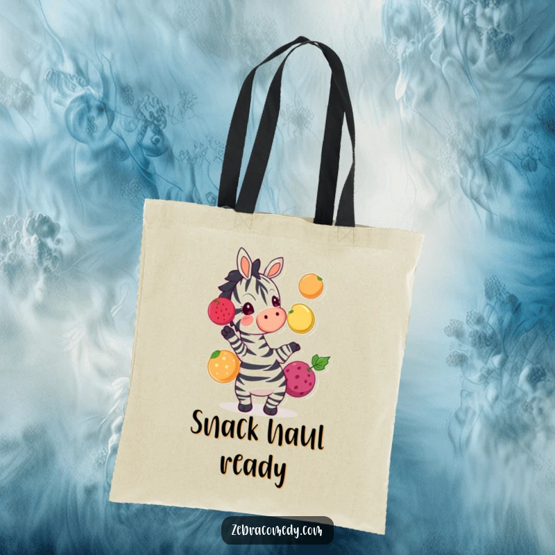 Funny zebra character juggling bright fruits, a sturdy and amusing tote bag for everyday use and enjoyment.