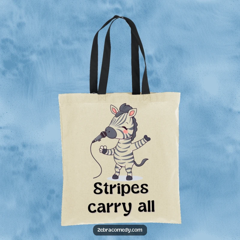 Funny Zebra Tote Bag featuring a zebra with striped socks happily jiving with a microphone, a fun accessory.