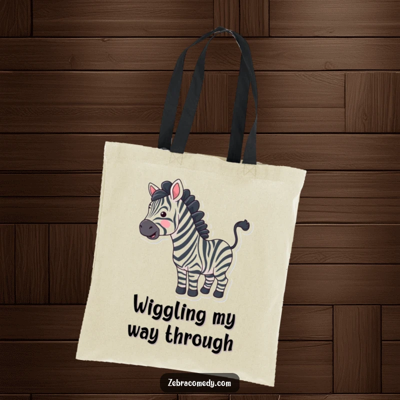 Funny zebra with exaggerated wavy stripes wiggling its tail on a tote bag, adding cheerful humor.